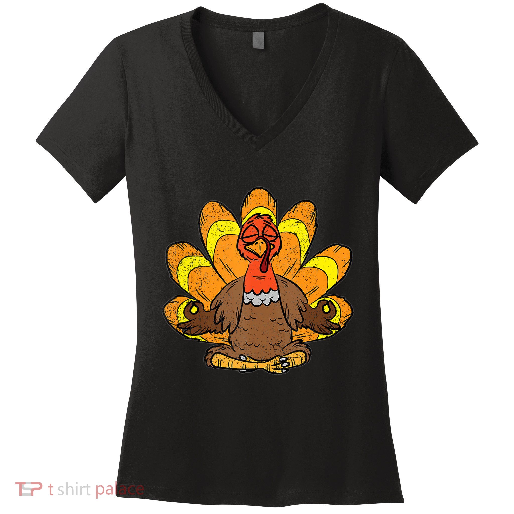 Turkey Yoga Thanksgiving Day Funny Meditating Namaste Fall Tank Top Women's V-Neck T-Shirt