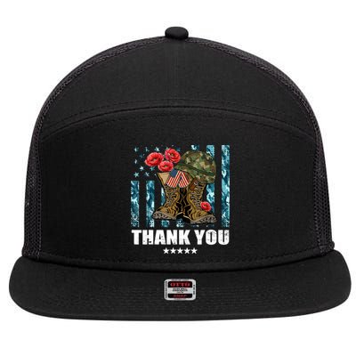 Thank You Veterans Combat Boots Poppy Flower Memorial Day Funny Gift 7 Panel Mesh Trucker Snapback Hat