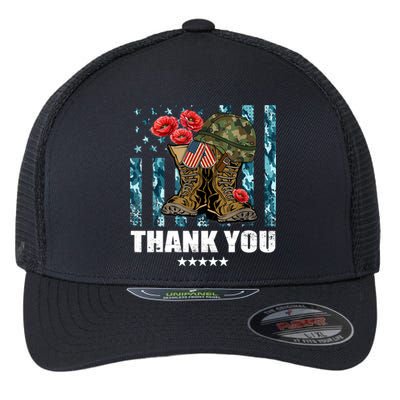 Thank You Veterans Combat Boots Poppy Flower Memorial Day Funny Gift Flexfit Unipanel Trucker Cap