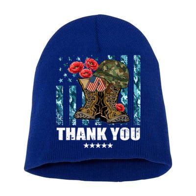 Thank You Veterans Combat Boots Poppy Flower Memorial Day Funny Gift Short Acrylic Beanie