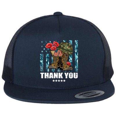 Thank You Veterans Combat Boots Poppy Flower Memorial Day Funny Gift Flat Bill Trucker Hat