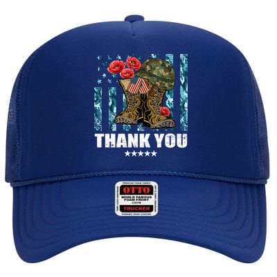 Thank You Veterans Combat Boots Poppy Flower Memorial Day Funny Gift High Crown Mesh Back Trucker Hat