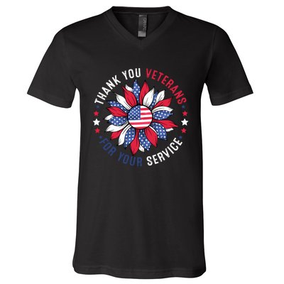 Thank You Veterans For Your Service Usa Flag Sunflower V-Neck T-Shirt