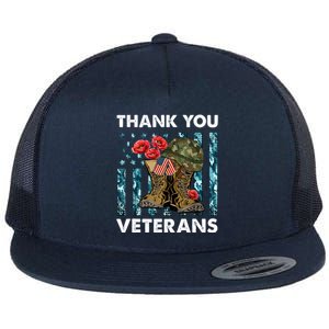 Thank You Veterans Military Boot Memorial Day Flower Funny Gift Flat Bill Trucker Hat