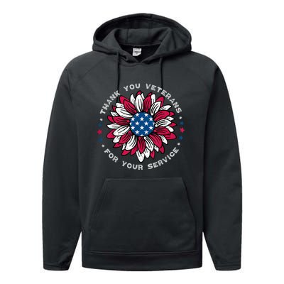 Thank You Veterans Sunflower Military Veterans Day Tribute Performance Fleece Hoodie