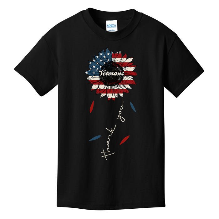 Thank You Veterans Sunflower Us America Flag Patriotic Kids T-Shirt