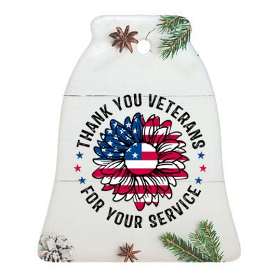 Thank You Veterans For You Service Usa Floral Ceramic Bell Ornament