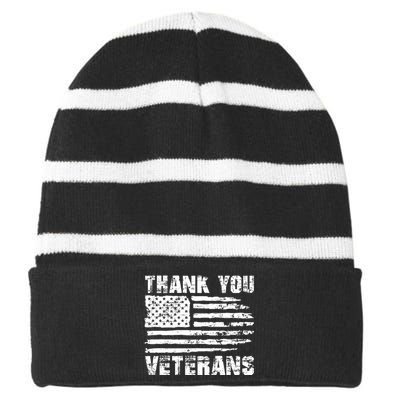 Thank You Veterans American Flag Proud Veteran Striped Beanie with Solid Band