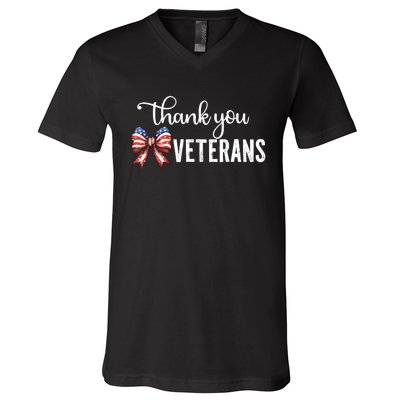 Thank You Veterans Patriotic Coquette Bow Veterans Day 2024 V-Neck T-Shirt