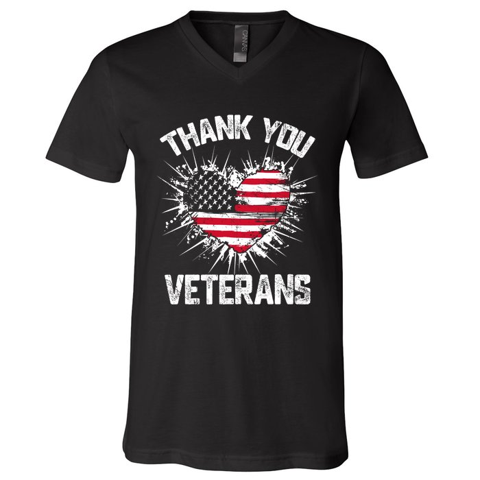 Thank You Veterans American Flag Veterans Day 2024 V-Neck T-Shirt