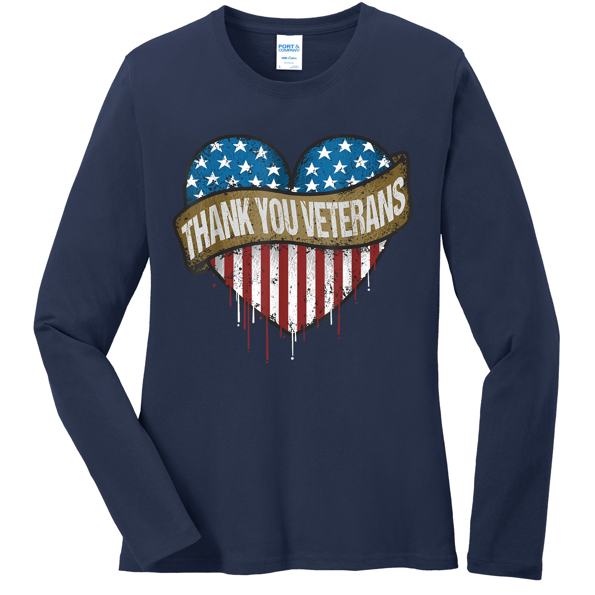 Thank You Veterans Day American Flag Heart Military Army Ladies Long Sleeve Shirt