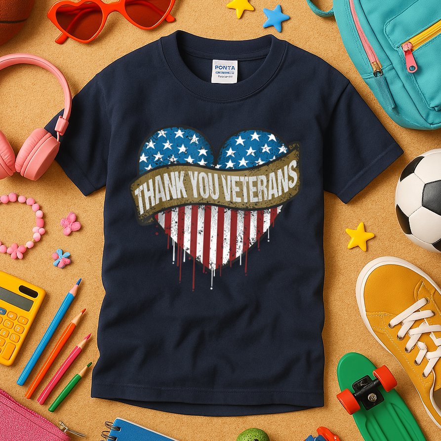 Thank You Veterans Day American Flag Heart Military Army Kids T-Shirt
