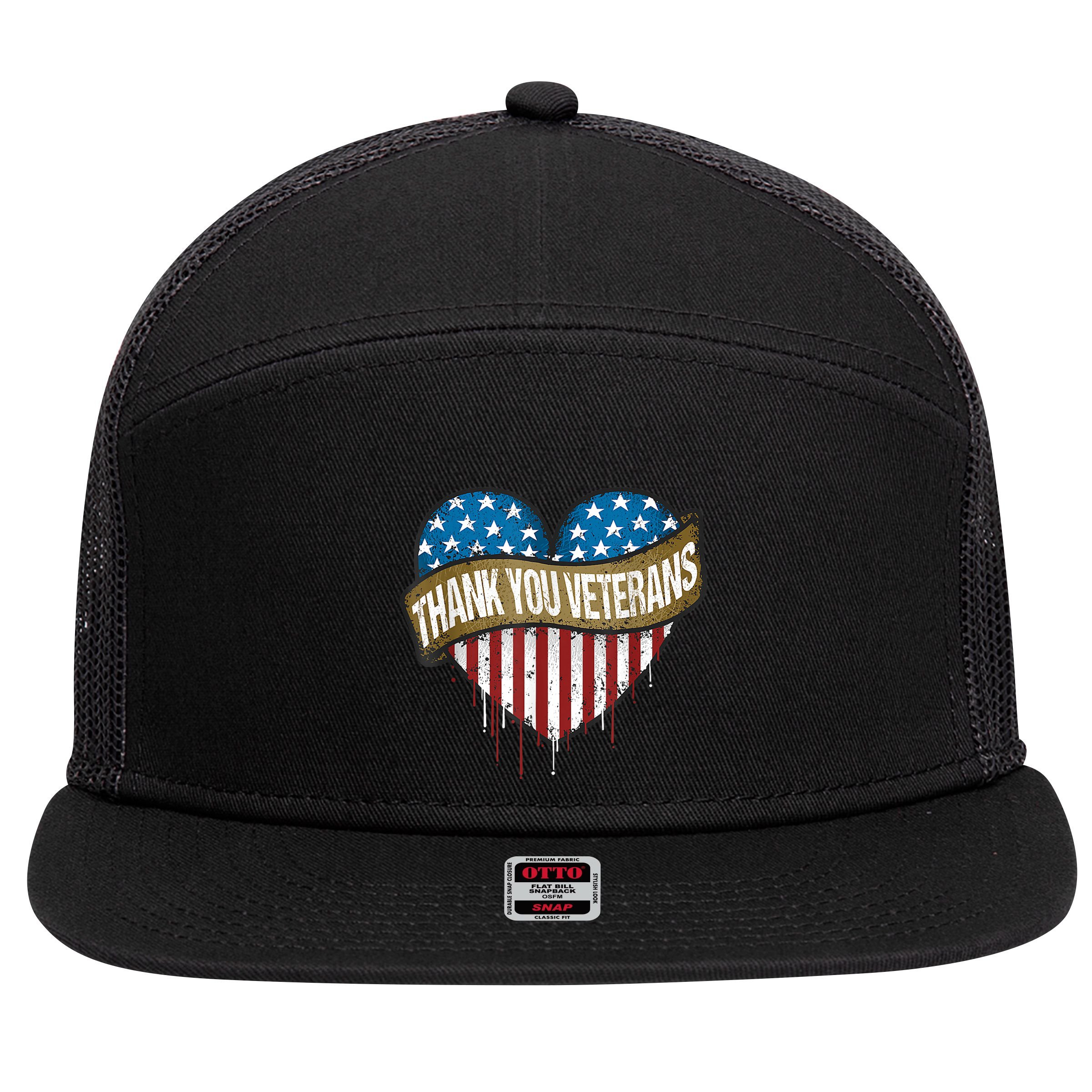 Thank You Veterans Day American Flag Heart Military Army 7 Panel Mesh Trucker Snapback Hat