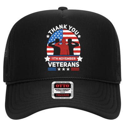 Thank You Veterans Day Patriotic American Flag Usa Veteran High Crown Mesh Back Trucker Hat