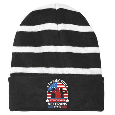 Thank You Veterans Day Patriotic American Flag Usa Veteran Striped Beanie with Solid Band