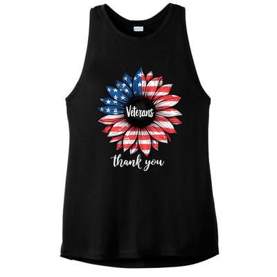 Thank You Veterans Sunflower Us America Flag Patriotic Ladies PosiCharge Tri-Blend Wicking Tank