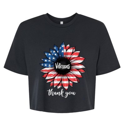 Thank You Veterans Sunflower Us America Flag Patriotic Bella+Canvas Jersey Crop Tee