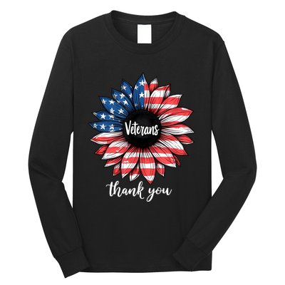 Thank You Veterans Sunflower Us America Flag Patriotic Long Sleeve Shirt