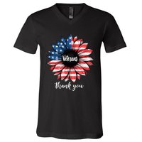 Thank You Veterans Sunflower Us America Flag Patriotic V-Neck T-Shirt