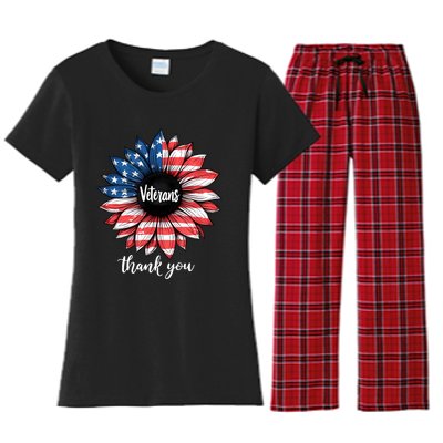 Thank You Veterans Sunflower Us America Flag Patriotic Women's Flannel Pajama Set