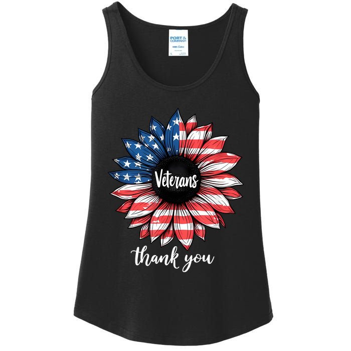 Thank You Veterans Sunflower Us America Flag Patriotic Ladies Essential Tank