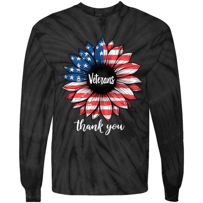 Thank You Veterans Sunflower Us America Flag Patriotic Tie-Dye Long Sleeve Shirt