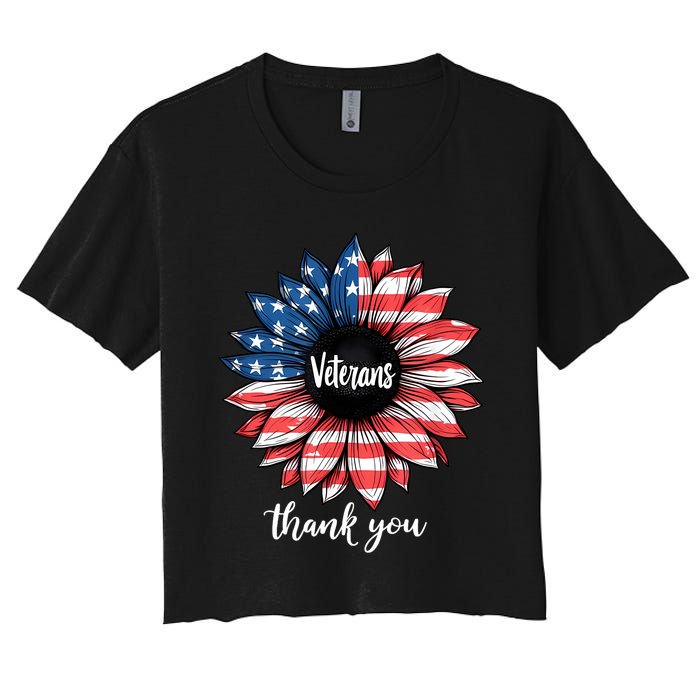 Thank You Veterans Sunflower Us America Flag Patriotic Women's Crop Top Tee