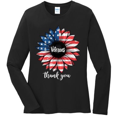 Thank You Veterans Sunflower Us America Flag Patriotic Ladies Long Sleeve Shirt