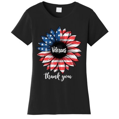 Thank You Veterans Sunflower Us America Flag Patriotic Women's T-Shirt