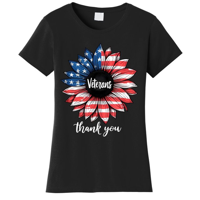 Thank You Veterans Sunflower Us America Flag Patriotic Women's T-Shirt