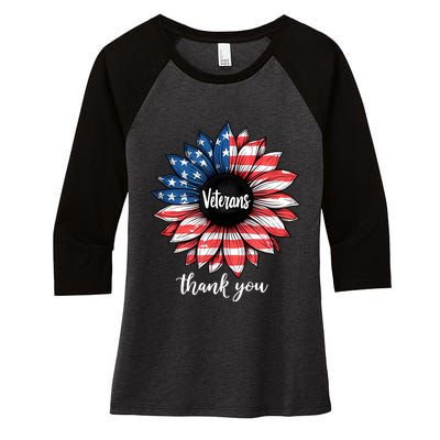 Thank You Veterans Sunflower Us America Flag Patriotic Women's Tri-Blend 3/4-Sleeve Raglan Shirt