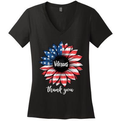 Thank You Veterans Sunflower Us America Flag Patriotic Women's V-Neck T-Shirt