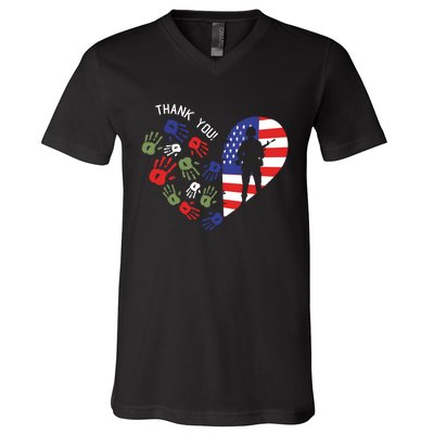 Thank You Veterans Day American Flag Heart Military Army V-Neck T-Shirt