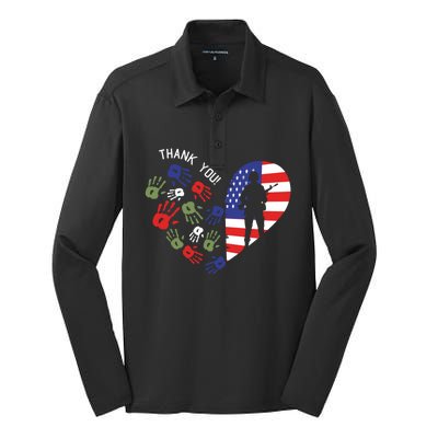 Thank You Veterans Day American Flag Heart Military Army Silk Touch Performance Long Sleeve Polo