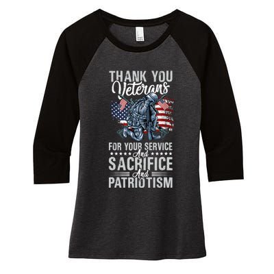 Thank You Veterans For Your Service And Sacrifice And Patrio Women's Tri-Blend 3/4-Sleeve Raglan Shirt