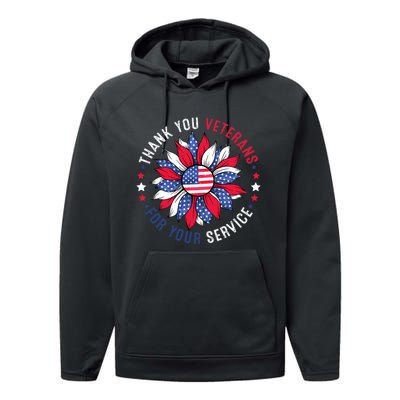 Thank You Veterans Sunflower Military Veterans Day Tribute Performance Fleece Hoodie