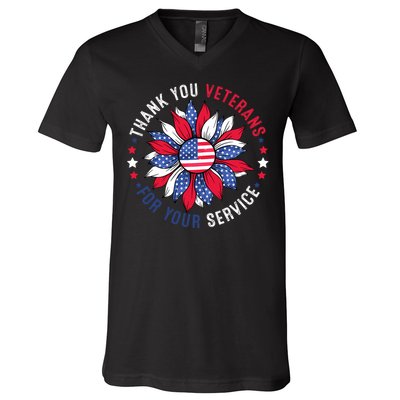 Thank You Veterans Sunflower Military Veterans Day Tribute V-Neck T-Shirt