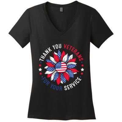 Thank You Veterans Sunflower Military Veterans Day Tribute Women's V-Neck T-Shirt