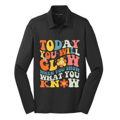 Today You Will Glow When You Show What You Know testing day Silk Touch Performance Long Sleeve Polo