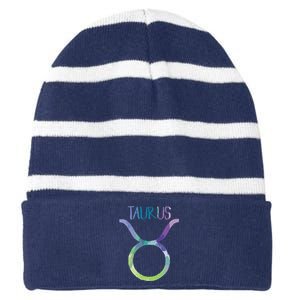 Taurus Zodiac Symbol Astrology Bull Earth Sign Striped Beanie with Solid Band