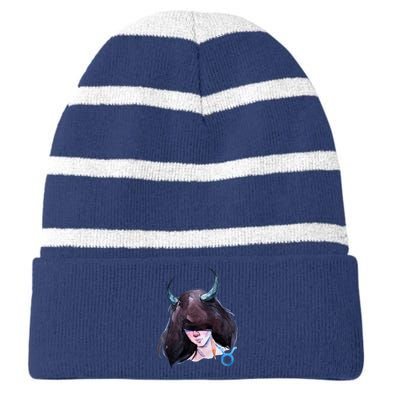 Taurus Zodiac Sign Watercolor Illustration Striped Beanie with Solid Band