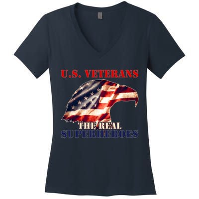 U.S. Veterans The Real Superheroes Eagle American Flag Women's V-Neck T-Shirt