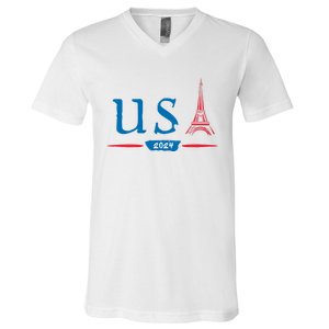 Usa 2024 United States Usa Paris Souvenir Holiday 2024 Eiffel Tower Paris Usa V-Neck T-Shirt