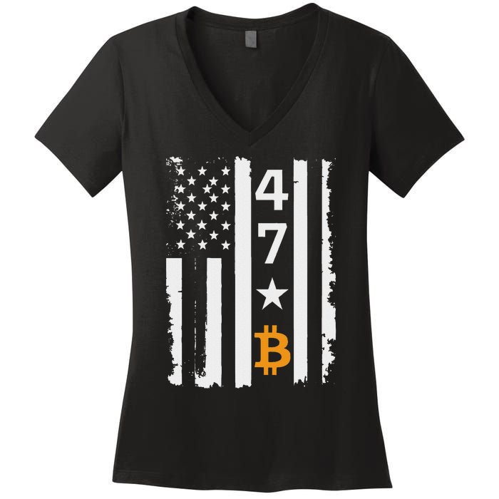 Usa 47th Flag Bitcoin Design – Trump Crypto Supporter Women's V-Neck T-Shirt