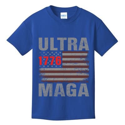 Usa 4th Of July Trump 2024 Vintage Usa Flag Ultra Maga Gun Gift Kids T-Shirt