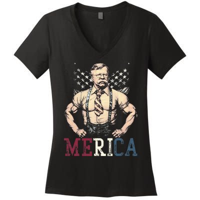 Usa 4th Of July Teddy Roosevelt Women's V-Neck T-Shirt