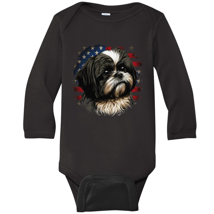 USA 4th Of July Shih Tzu on Patriotic American Shih Tzu Baby Long Sleeve Bodysuit