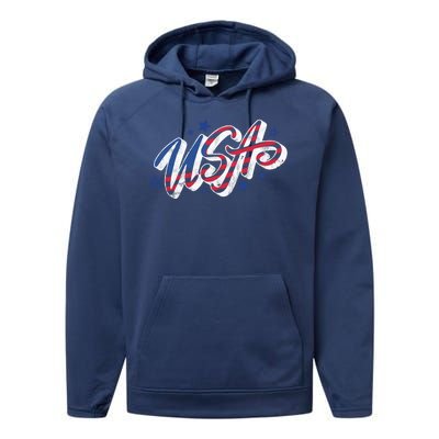 Usa 4th Of July Vintage Star Performance Fleece Hoodie