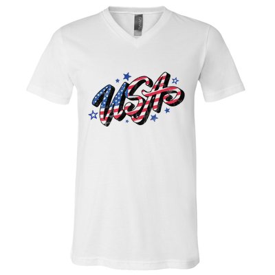 Usa 4th Of July Vintage Star V-Neck T-Shirt