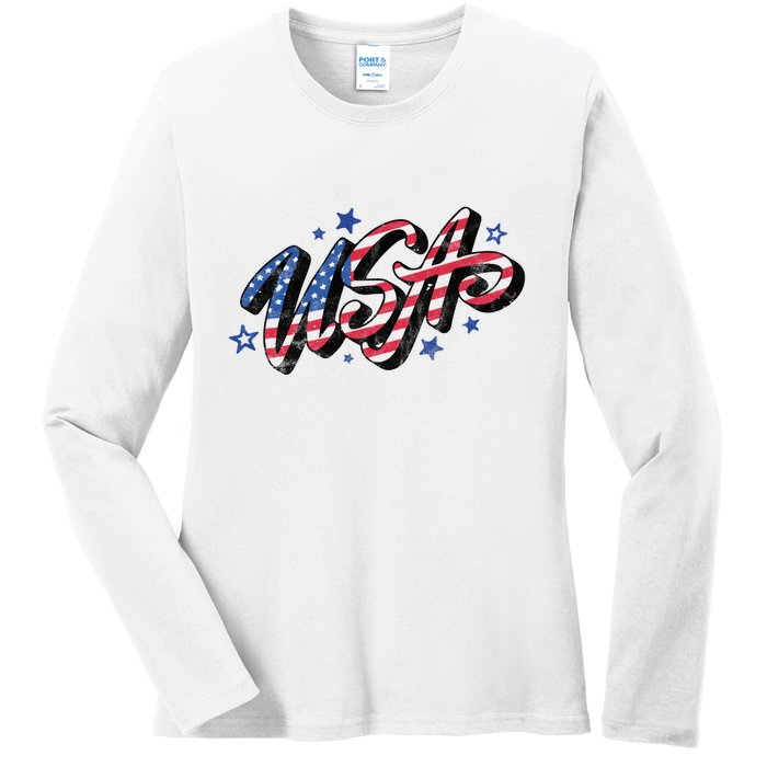 Usa 4th Of July Vintage Star Ladies Long Sleeve Shirt